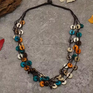 Womens Ethnic Style Multi Colored Coconut Shell Beaded Necklace.      Casual, Bohemian, Hippie, Gypsy
