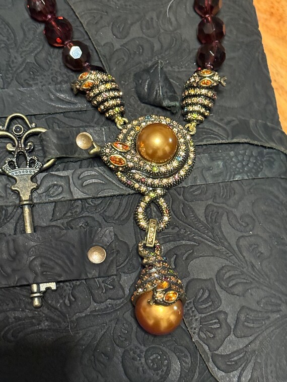 Gold Snake Design Pendant Faux Gold Pearls And Ruby Red Beads Attached To A Matching Necklace ,    Designed By Heidi Daus.  HUGH SAVINGS View 3