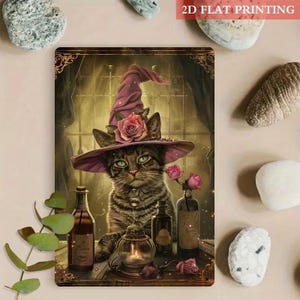 May include: A rectangular print featuring a tabby cat wearing a purple witch hat adorned with roses. The cat is surrounded by bottles, a lantern, and roses, with the text "2D FLAT PRINTING" at the top. The artwork has a vintage, magical theme.