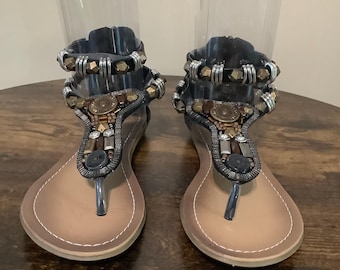 Gladiator Black And Brass Plus Silver Tone Accents Casual Sandals Size 8.     Trendy, Stylish, Birthday Gift