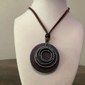 Wood Brown Light Weight Distressed Blue Circle Pendant  Attached To Adjustable Necklace.  Hippie, Bohemian, Ethnic