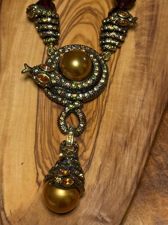 Gold Snake Design Pendant Faux Gold Pearls And Ruby Red Beads Attached To A Matching Necklace ,    Designed By Heidi Daus.  HUGH SAVINGS View 5