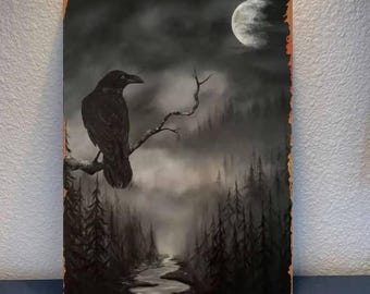 Letrero metálico de aluminio con escena de cuervos en un bosque bajo un cielo nocturno, estilo vintage. Decoración para el hogar, patio, regalo, cumpleaños.