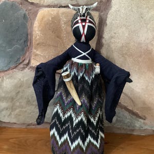 Ukrainian Handmade Art Doll Dressed In A Navy Blue Patterned Bell Sleeve Dress With Skull Head Piece .  OOAK, Slavic, Faceless