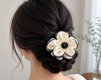 2PCS Black White Camellia Hair Clip, French Floral Barrette for Elegant Bun
