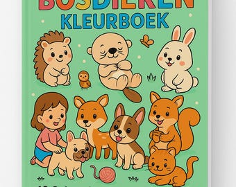 Könnte beinhalten: Ein grünes Malbuch für Kinder mit dem Titel "MIJN BOSDIEREN KLEURBOEK" mit Illustrationen von niedlichen Waldtieren. Das Cover zeigt einen Igel, einen Otter, ein Kaninchen, einen Fuchs, ein Eichhörnchen, eine Katze und Hunde. Der Text unten lautet "10 Schattige Kleurplaten voor Kinderen."