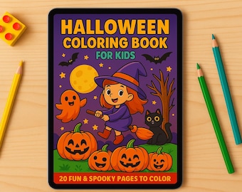 May include: A Halloween-themed coloring book for kids, featuring a witch, pumpkins, a ghost, and a black cat. The cover reads "Halloween Coloring Book for Kids" and "20 Fun & Spooky Pages to Color". Includes yellow, green, and blue pencils and a yellow building block.