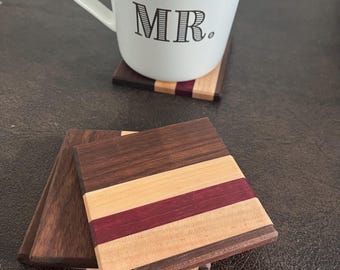 Handmade Hardwood Coaster Set | Walnut, Maple, Purpleheart