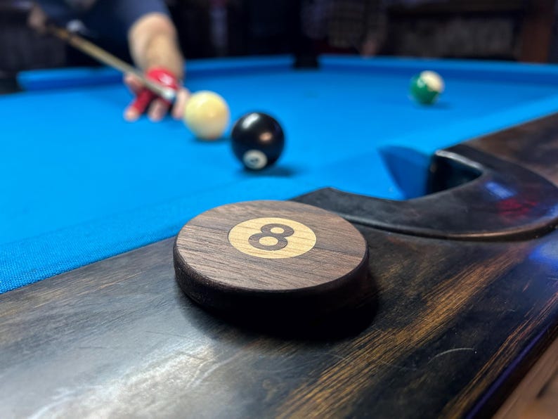 Walnut and maple 8-ball pool pocket marker