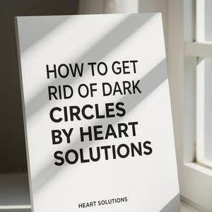 Puede incluir: Un libro blanco con el título "HOW TO GET RID OF DARK CIRCLES BY HEART SOLUTIONS" en texto negro. El libro está apoyado contra una superficie blanca cerca de una ventana, con sombras proyectadas sobre él.