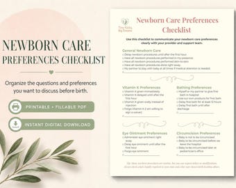 Newborn Checklist for Birth Preferences, Fillable PDF and Editable Canva Plan