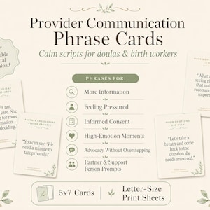 Può includere: Un set di schede di comunicazione per operatori con script calmi per doule e ostetriche. Le schede color crema presentano testo scuro, inclusi suggerimenti per il consenso informato e momenti ad alta emozione, nel formato 13x18 cm.