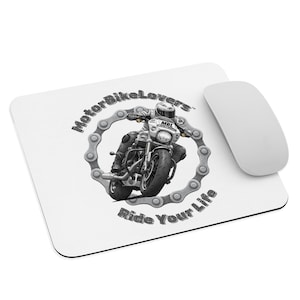 May include: White mousepad with a motorcycle graphic. The design features a motorcycle inside a chain link circle with the text "MotorBikeLovers" and "Ride Your Life". A white computer mouse is next to the mousepad.
