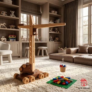 Puede incluir: Una grúa de juguete de madera con un cubo de bloques de colores suspendido de su brazo. La grúa está sobre una base con ruedas, y una pila de bloques está sobre una base verde. La escena está ambientada en una habitación con estanterías de madera y una alfombra afelpada.