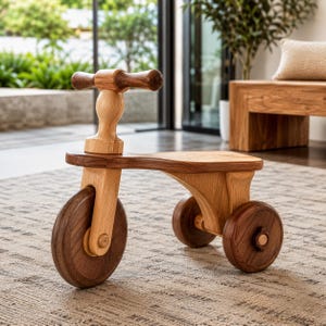 Puede incluir: Un correpasillos de madera con asiento y manillar en tonos claros, que cuenta con tres ruedas en tonos oscuros. El armazón está construido con dos tonos de madera distintos, con un soporte vertical central que une el manillar a la rueda.