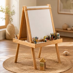 May include: A light-colored wooden standing easel featuring a white dry-erase board on one side and a cork board on the other. The easel includes a built-in tray holding various colorful paintbrushes, markers, and art supplies for creative projects.
