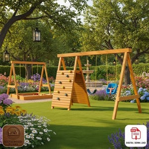 DIY Wooden Swing Set Plan, Outdoor Playset PDF with Climbing Wall