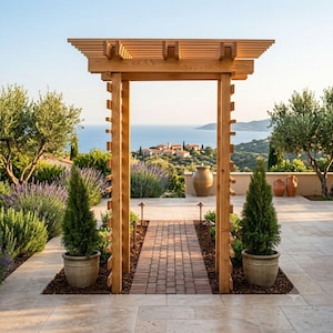 Op de afbeelding: Een houten pergola met een lattenstructuur en verticale palen boven een bakstenen pad. Twee groenblijvende bomen in potten staan aan weerszijden van de ingang, tegen een achtergrond van een kustlandschap met olijfbomen.