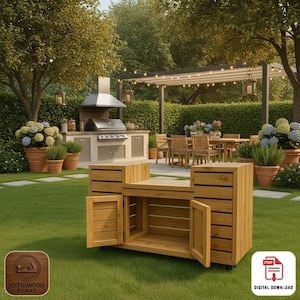 Planos de armarios de cocina para exteriores (DIY) con fregadero y estación de barbacoa de madera (PDF)