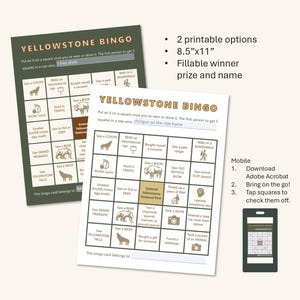Yellowstone National Park bingo travel game - DIGITAL, PRINTABLE, MOBILE
