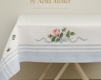 Handmade Cross-Stitch Tablecloth – Vintage Floral Embroidered Table Linen – Cottagecore Kitchen Decor – Romantic Rose Table Cover –