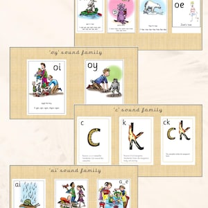 Puede incluir: Tarjetas didácticas para aprender fonética. Las tarjetas presentan ilustraciones coloridas y texto, incluyendo palabras como "oa", "oi" y "ay". Las tarjetas están organizadas por familias de sonidos, como "oe" y "ai".