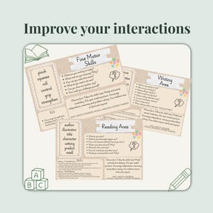 May include: Three educational resource cards with a light tan background and dark text. The cards are titled Fine Motor Skills, Writing Area, and Reading Area. Each card includes bulleted questions, instructional text, and small colorful swirl icons.