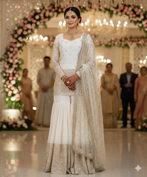 White Bridal Sharara Dress | Heavy Embroidered Wedding Sharara Suit with Dupatta | Pakistani Indian Bridal Outfit