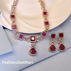 Elegant Ruby CZ AD Choker Necklace Set | Statement Bridal Necklace with Earrings | Western Wear Jewelry Set | Cocktail Party Wear Set