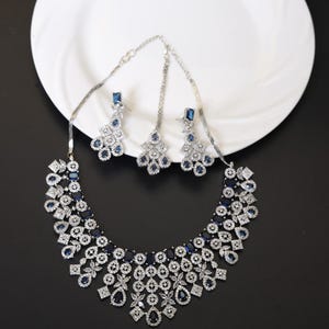 Cocktail Party Wear Elegant Silver CZ AD Choker Necklace Set | Statement Bridal Necklace with Earrings and Mangtika / Bridal CZ Necklace