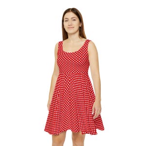 Red Polka Dot Skater Dress, Playful Casual Mini Sundress, Women&#39;s Fashion Apparel, Summer Party Outfit, Retro Vintage Style, Flared Midi