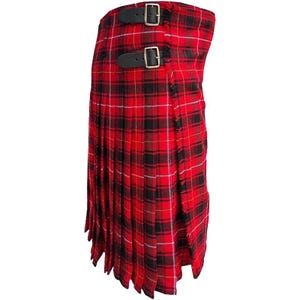 May include: A red and black tartan kilt with pleats and leather straps. The kilt has two black leather straps with silver buckles. The fabric displays a classic plaid pattern, and the kilt is designed to wrap around the waist.