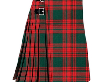 Scottish Handmade Menzies Green Modern 8 Yard Heavy Weight Tartan Kilt - Men's Traditional Tartan Kilts - Acrylic Wool, Leather Straps