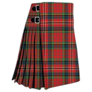 May include: A tartan kilt in red, green, and yellow. The kilt has a pleated design and two leather straps with silver buckles. This traditional garment is a classic example of Scottish dress.