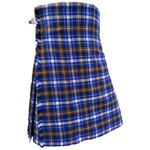 May include: A blue, brown, and white plaid kilt with a fringed edge. The kilt is made of a woven fabric and features a traditional design with pleats. A silver clasp secures the kilt.