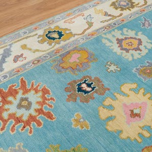 Hand Knotted Oushak Wool Rug: Sky Blue, Orange Cream Accent