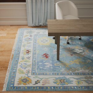 Hand Knotted Wool Oushak Rug 8x10: Blue, Orange, and Ivory