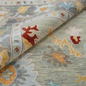 Hand Knotted Wool Oushak Rug: Modern Gray, Red, and Orange Accent