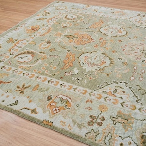 Hand Knotted Wool Oushak Rug: Sage Green Floral Turkish Carpet