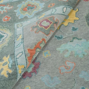 Handmade Oushak Wool Rug: Gray, Colorful Floral Turkish Carpet