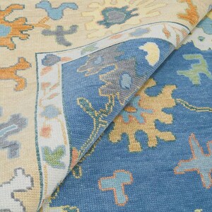 Hand Knotted Wool Oushak Rug: Blue Beige Floral Turkish Carpet