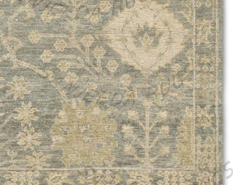 Hand Knotted Oushak Wool Rug In Sage Green And Soft Beige With Subtle Floral Medallion Design Traditional Area Rug For Living Room Bedroom