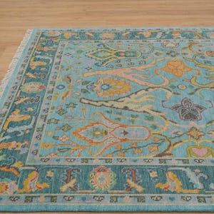 Hand Knotted Teal Oushak Wool Rug: Blue & Orange Turkish Style
