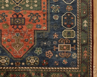 Hand Knotted Wool Runner Rug In Deep Blue And Rust With Tribal Geometric Motifs Traditional Hallway Entryway Carpet