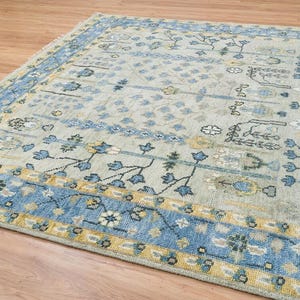 Hand-Knotted Wool Persian Rug 8x10: Yellow, Blue & Cream Floral