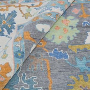 Hand Knotted Wool Oushak Rug: Grey Multicolor Floral Turkish Carpet