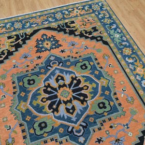 Hand Knotted Wool Area Rug: Orange Blue Persian Style, Vintage Turkish Design