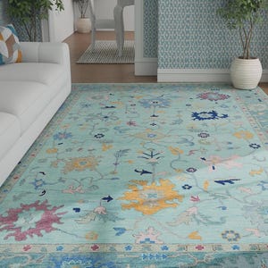 Hand-Knotted Oushak Wool Rug: Teal Blue, Gray, Pink Accent - Large