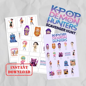 Puede incluir: Un conjunto de hojas de juego de búsqueda del tesoro K-Pop Demon Hunters. Las hojas presentan ilustraciones coloridas de personajes y el texto "K-POP DEMON HUNTERS SCAVENGER HUNT" y "INSTANT DOWNLOAD".