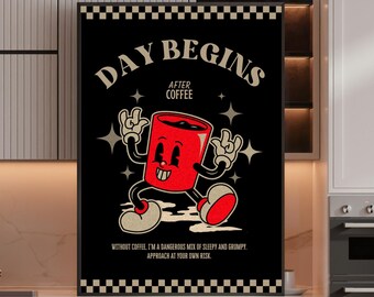 Retro Coffee Print: Funny Kitchen Art, Red Mug Cartoon (Digital Download)